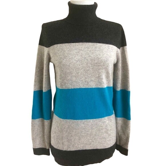 Bloomingdales Cashmere striped Sweater teal gray size M quiet luxury - Picture 1 of 8